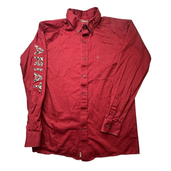 Ariat Shirt Mens Large Red Team Logo Twill Fitted Long Sleeve Western Rodeo